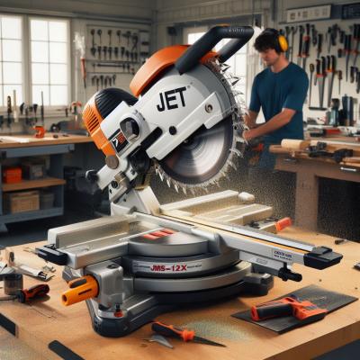 Precision woodworking showcased with advanced JET miter saw equipment.
