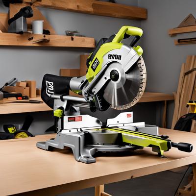 Ryobi Sliding Miter Saw positioned on a workshop table with woodworking tools in the background.