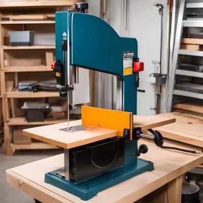 Heavy-duty bandsaw stationed on a wooden table in a workshop.