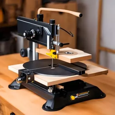 Scroll saw setup for detailed woodworking on a tidy bench.