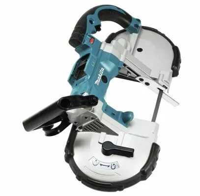 Makita cordless band saw with a teal and silver color scheme, designed for efficient and precise cutting.