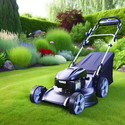 Alt Text: "Toro electric lawn mower poised on lush grass, exemplifying sustainable garden technology for modern homeowners.