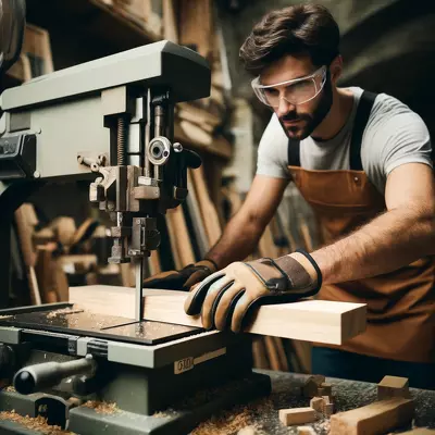 A skilled worker using a bandsaw for woodworking, focusing on cutting wood accurately. Image for illustration purposes only.