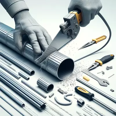 Precise and safe cutting of metal conduit with a hacksaw and safety gloves.